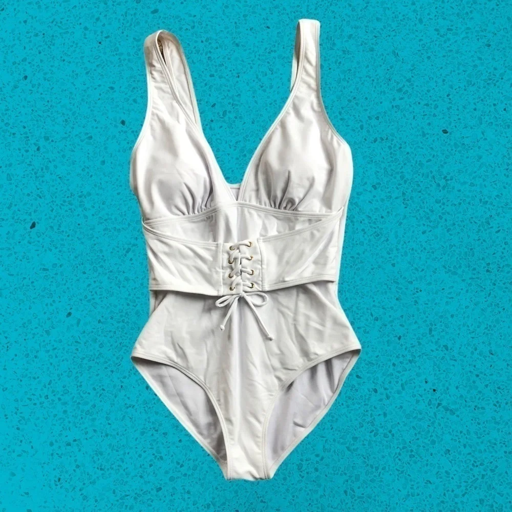 Boutique White One Piece Swimsuit Lace Up Corset Plunging Neckline S Beach Pool